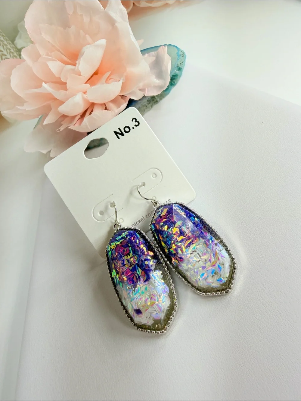 Iridescent Holographic Dangle Earrings - Silver Trim